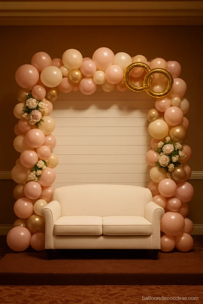 Ring ceremony balloon decoration with blush and ivory balloons around a white panel backdrop
