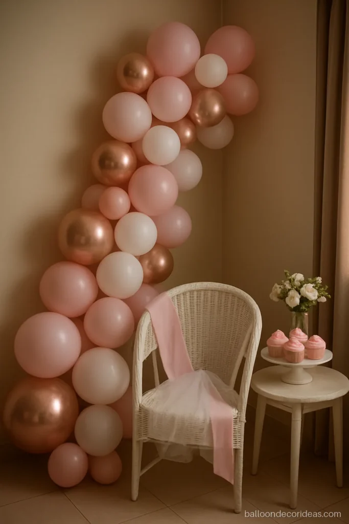 Bride to be balloon decoration with rose gold, white and blush balloons and a sash chair