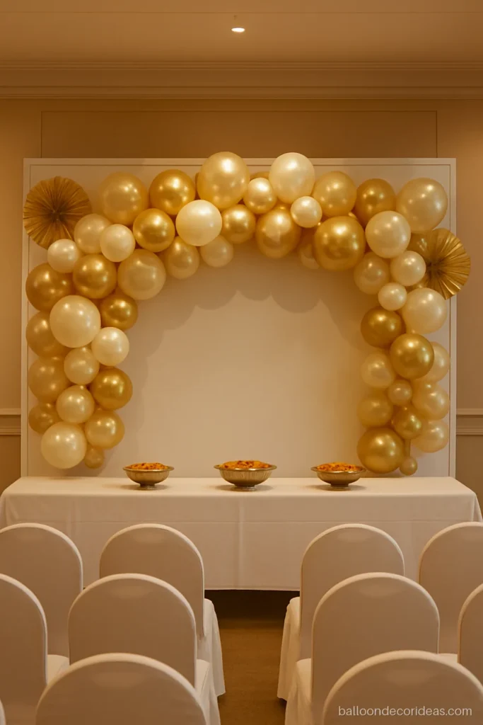 Golden anniversary balloon decoration with an ivory and gold wall garland in a hall