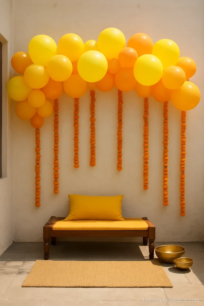 Haldi balloon decoration at home with yellow and orange balloons and marigold strings