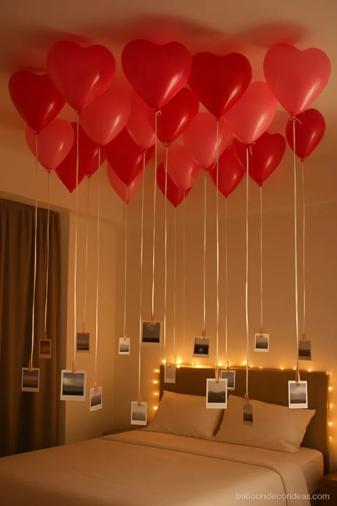 Love balloon decoration with helium red hearts floating on a ceiling with long ribbons