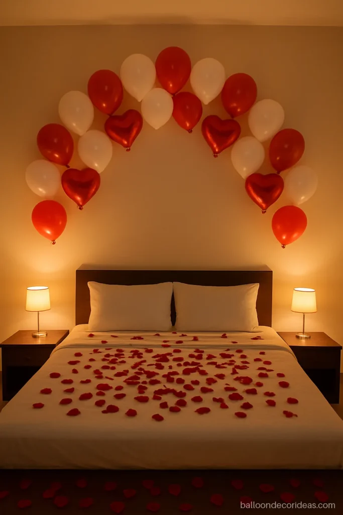 Anniversary balloon decoration at home with red heart balloons and rose petals in a bedroom