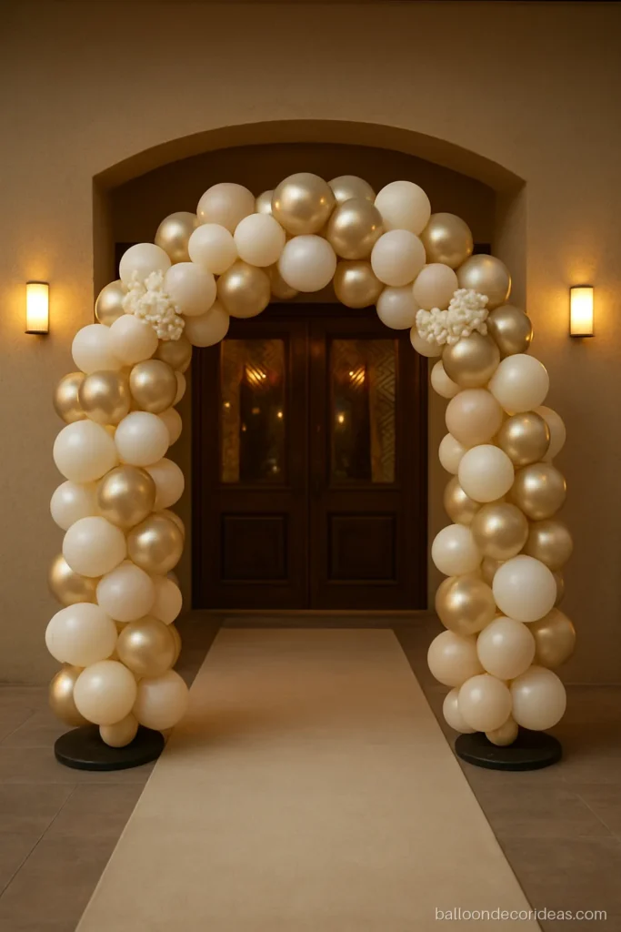 Engagement balloon decoration with a champagne and white entry arch at a hall door