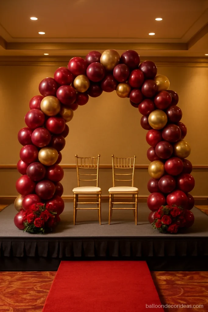 Wedding anniversary balloon decoration with a deep red and burgundy arch on a small stage