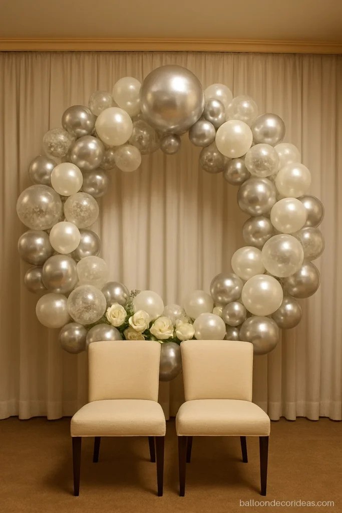 25th anniversary balloon decoration with a silver and white ring backdrop and sofa chairs