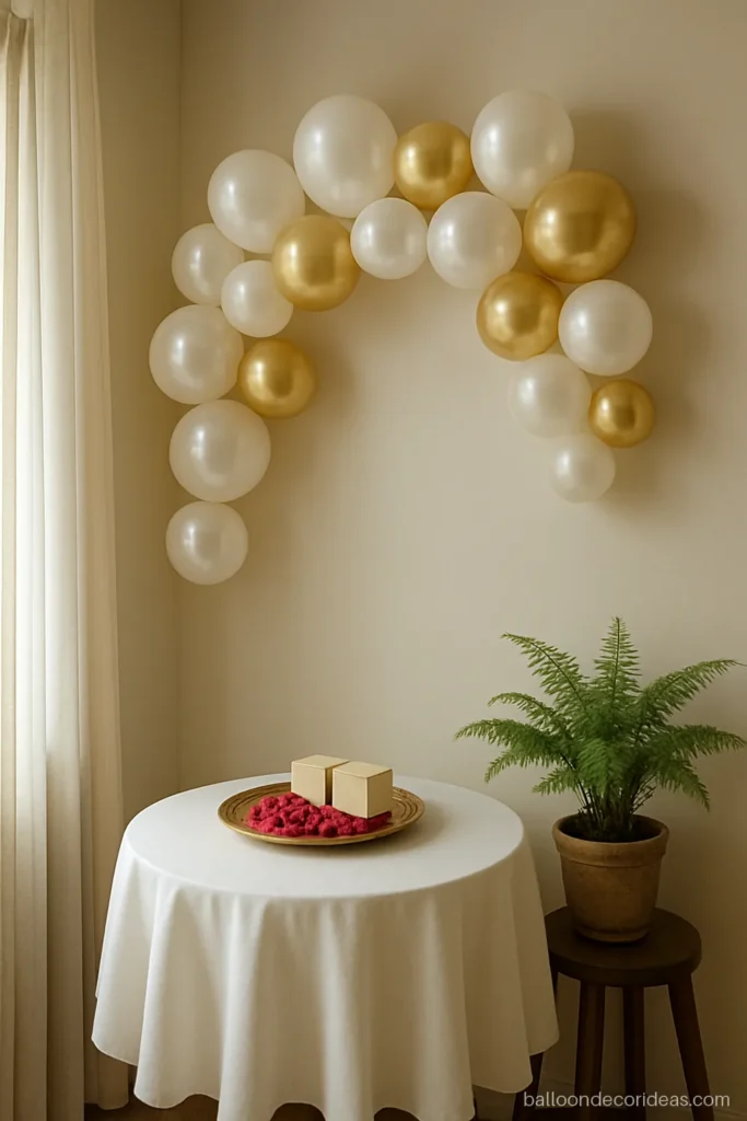 Simple balloon decoration for engagement at home in white and gold in a living room