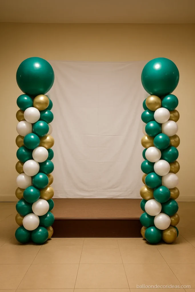 Balloon pillar decoration pair in teal and gold on both sides of a stage