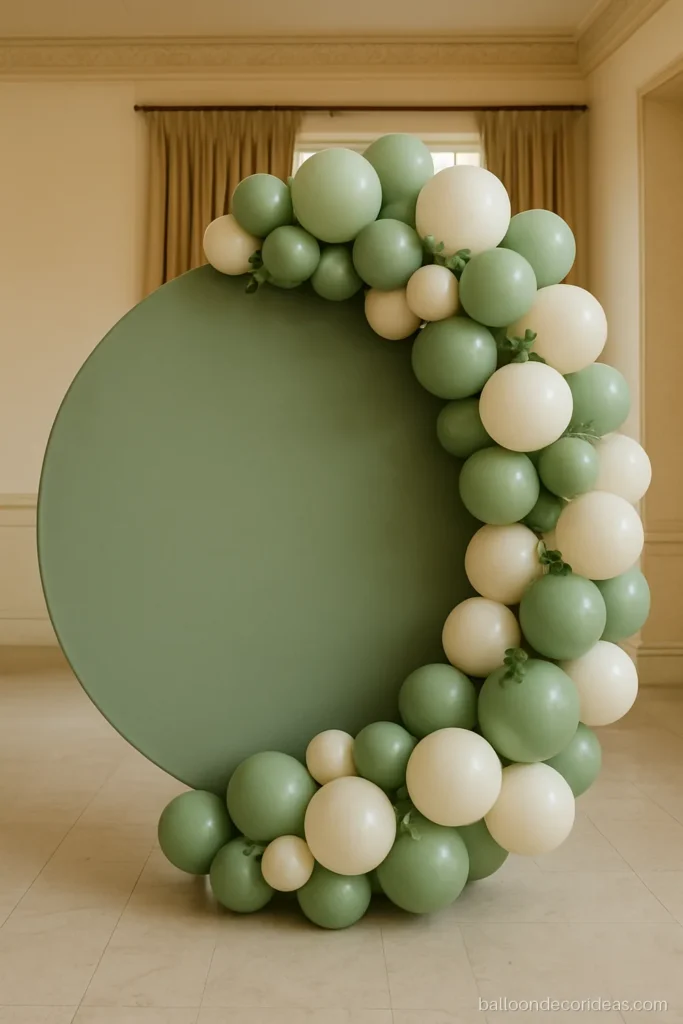 Circle balloon decoration with a sage fabric panel inside the ring and a garland