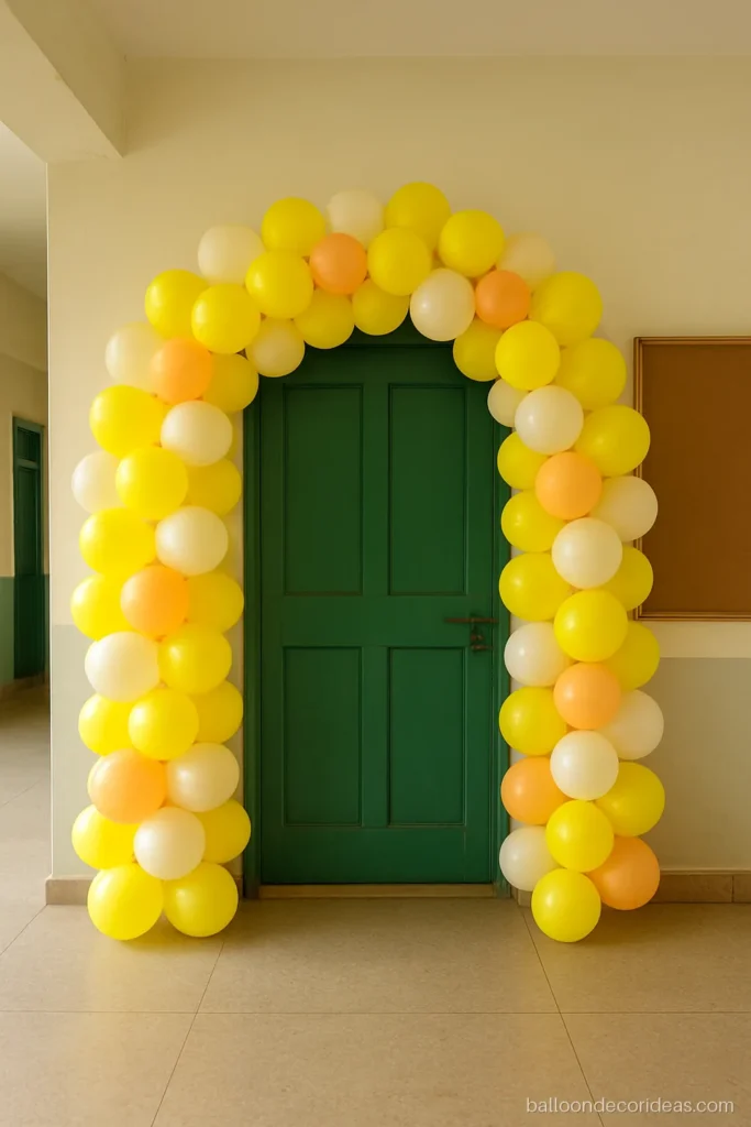 Balloon decoration arch in yellow and white at a school classroom door