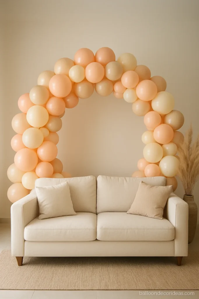 Half ring balloon decoration in peach and ivory on a floor stand behind a sofa