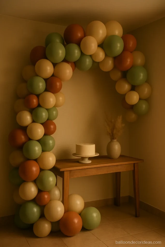 Simple balloon arch decoration with an organic garland over a console table