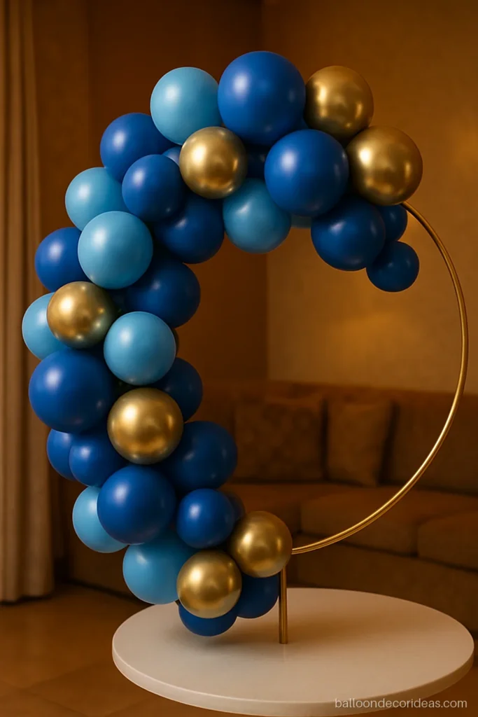 Close-up of birthday balloon ring decoration in blue and gold for a boy's party