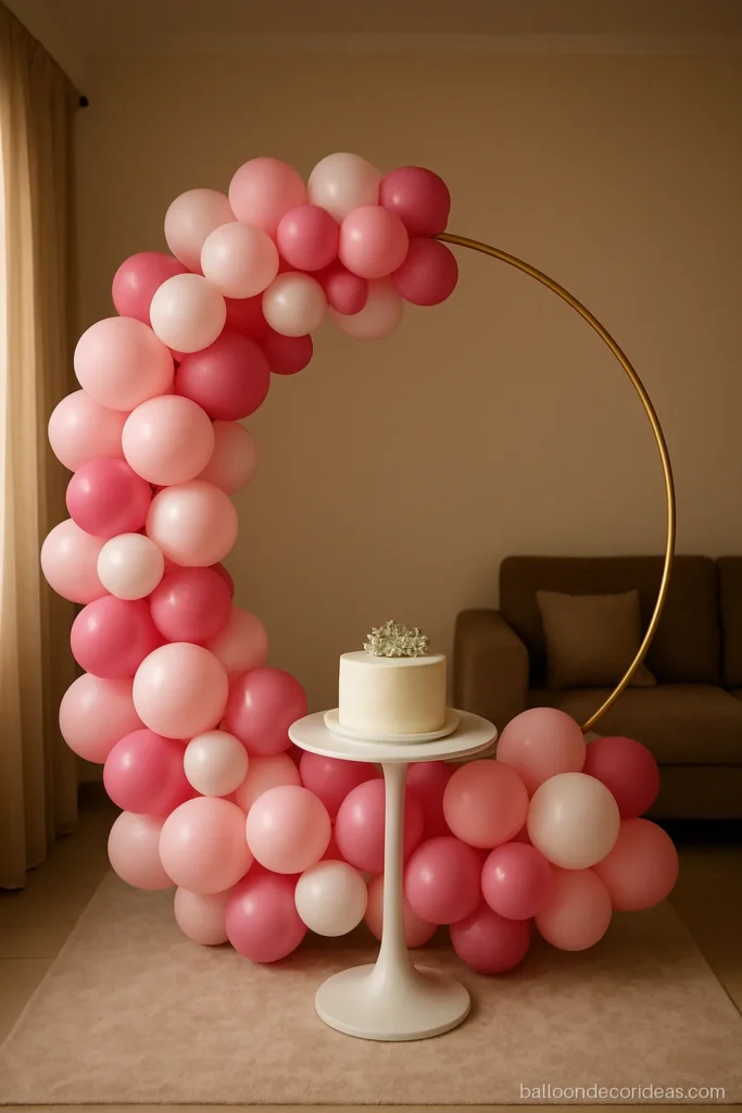 Birthday round ring balloon decoration in pink and white behind a cake table
