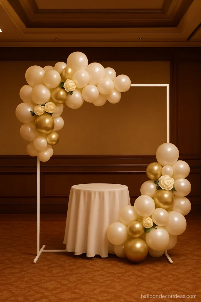Square balloon decoration frame in white and gold as a balloon background decoration