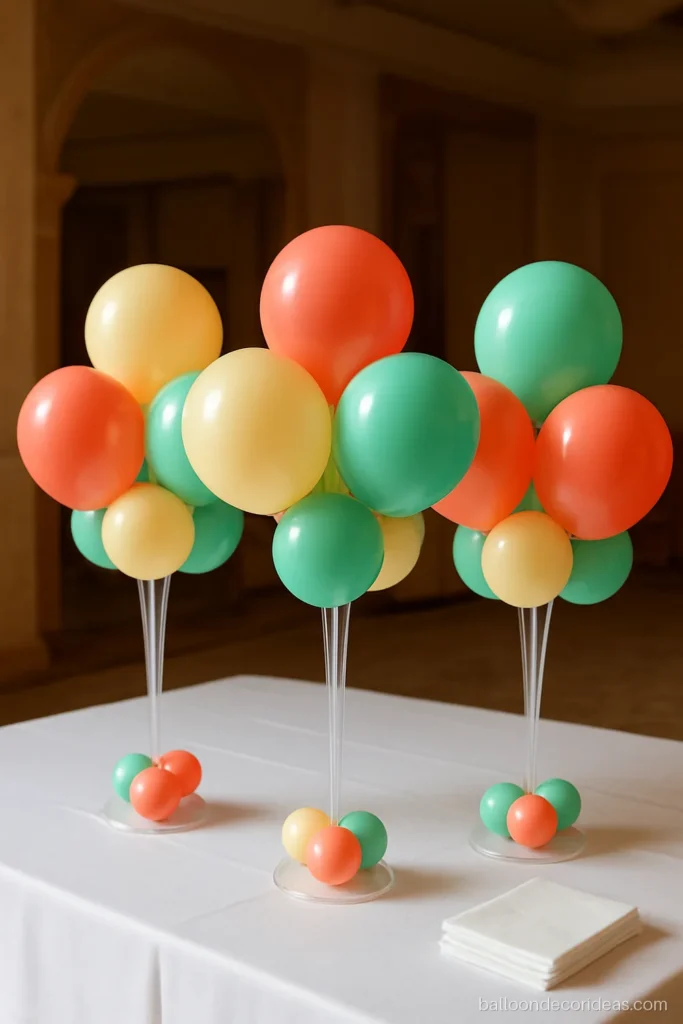 Balloon decoration stand with mini balloon trees on a reception table
