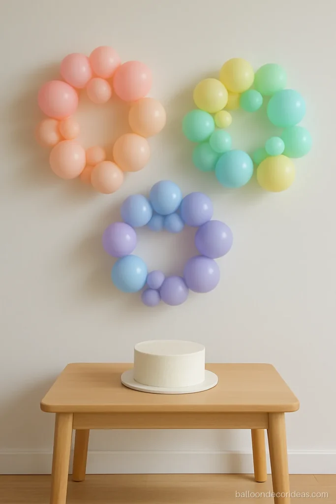 Round shape balloon decoration with three small rings in pastel rainbow shades