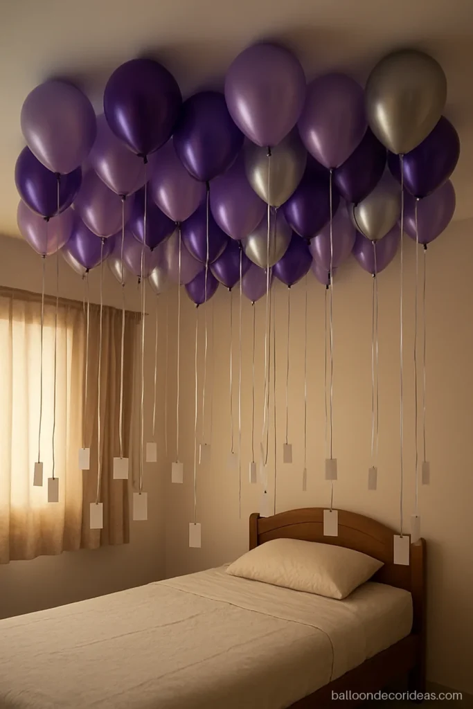 Balloon decoration in room with purple and silver helium balloons and hanging ribbons