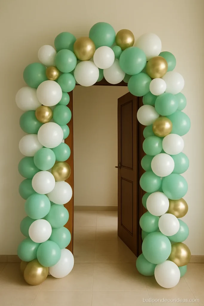 Balloon decoration for birthday at home with a mini arch around a bedroom door frame