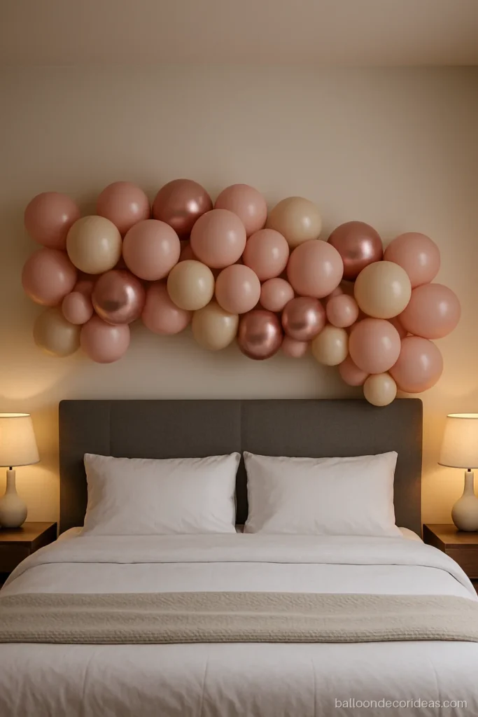 Bedroom balloon decoration with a blush and rose gold garland across the headboard
