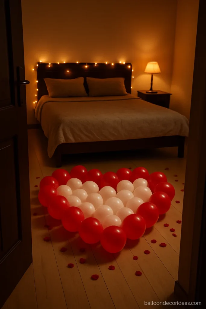 Room decoration balloon idea with red and white balloons forming a heart on the floor
