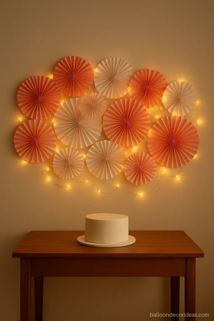 No balloon birthday decoration with paper fans and fairy lights on a living room wall
