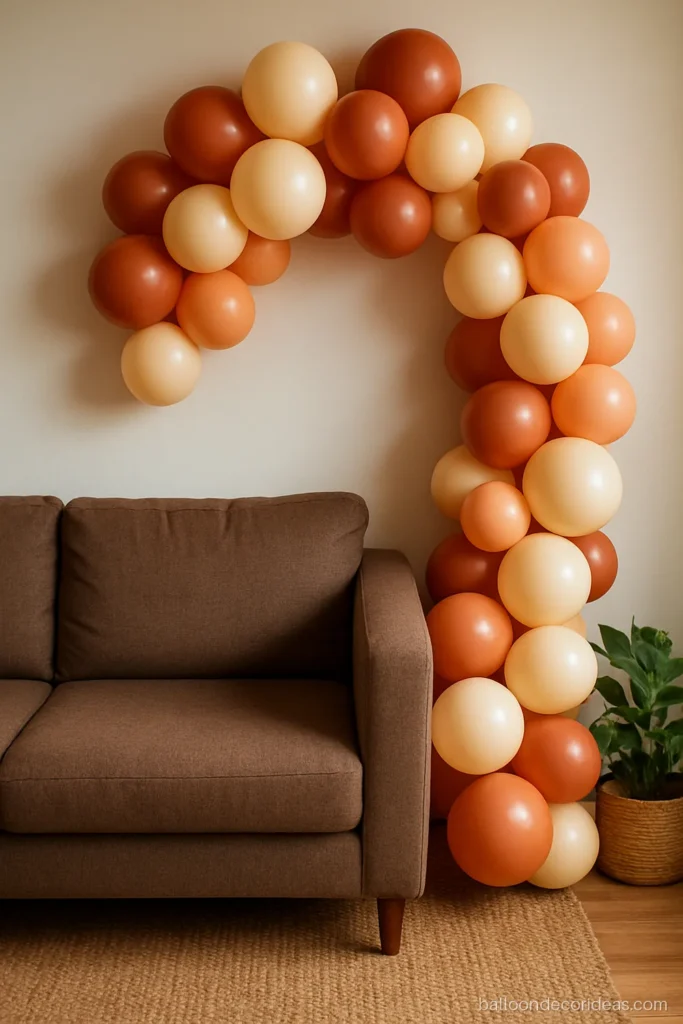 Simple balloon decoration at home with a terracotta and cream garland over a sofa corner
