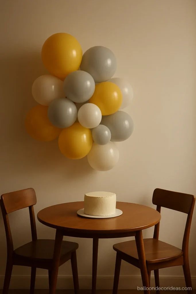 Simple balloon decoration for birthday at home in a small flat with a grey and yellow cluster