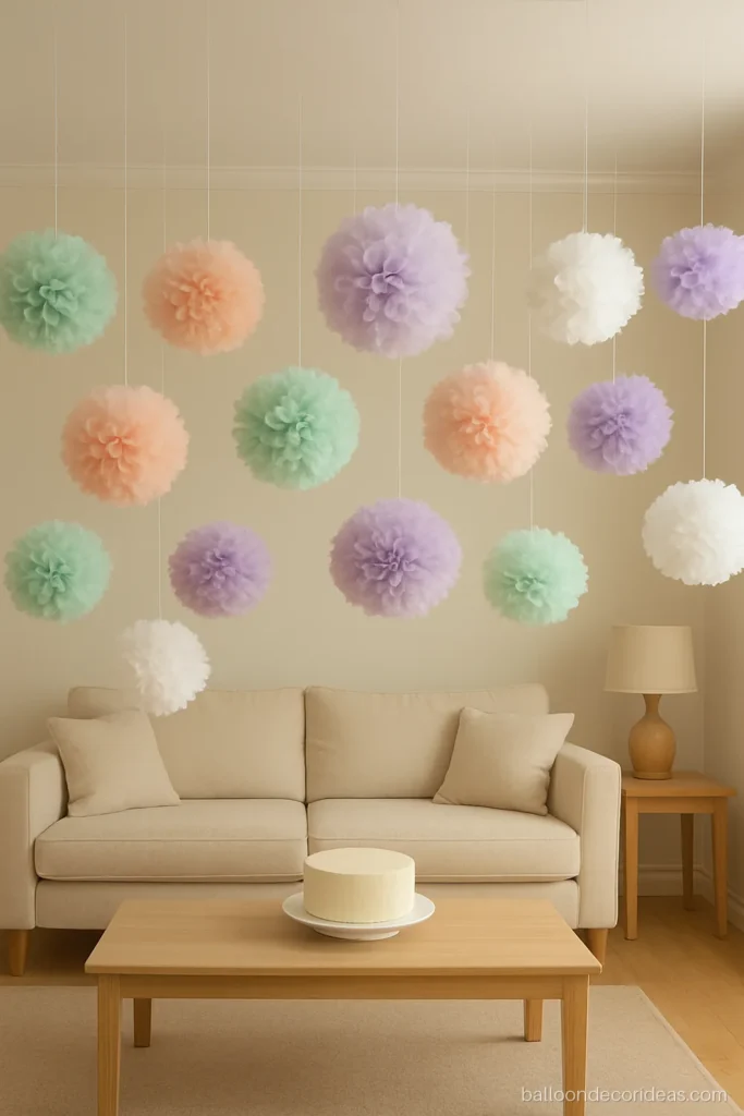Birthday decoration without balloon using pastel tissue pom poms hanging from the ceiling
