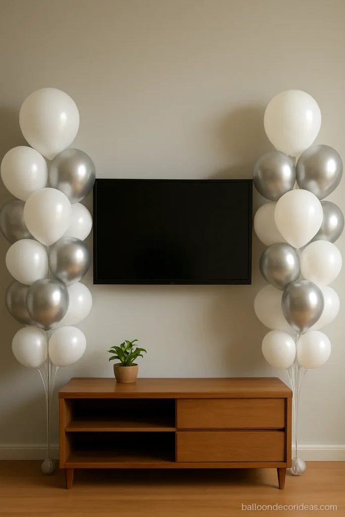 Balloon decoration in home on a TV wall with silver and white balloon clusters