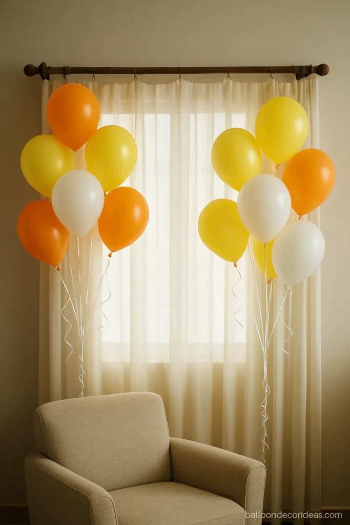 Easy simple balloon decoration at home with helium bunches tied near a window