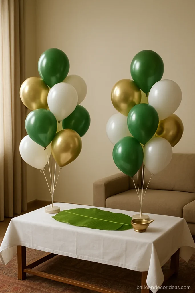 Simple annaprashan balloon decoration with green and white clusters around a low table