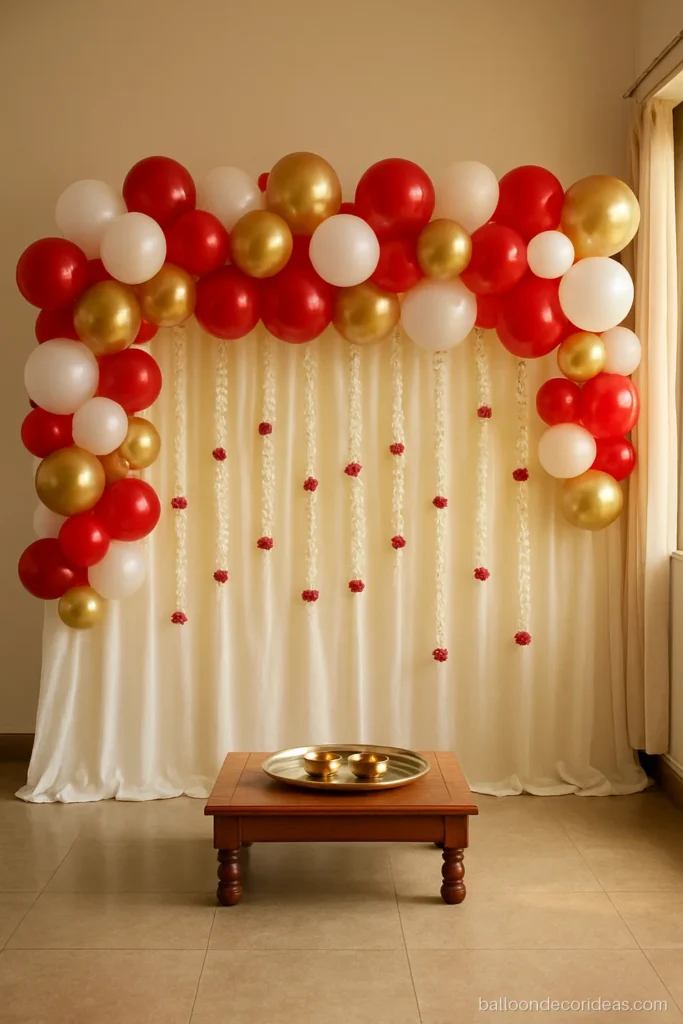 Annaprashan balloon decoration with a red, white and gold low backdrop
