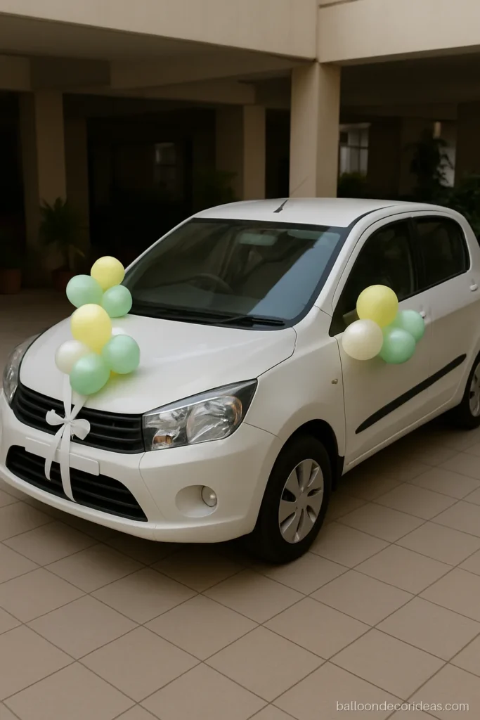 Car balloon decoration for baby welcome with white and yellow clusters on the bonnet