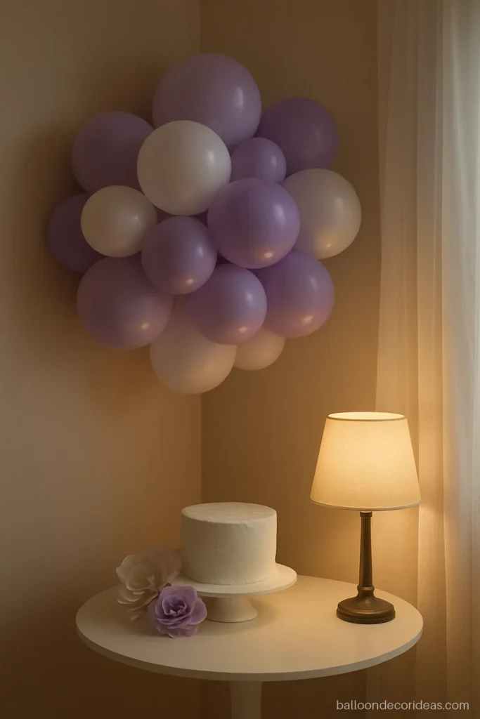Lilac and white cloud balloon cluster over a small baby shower cake table