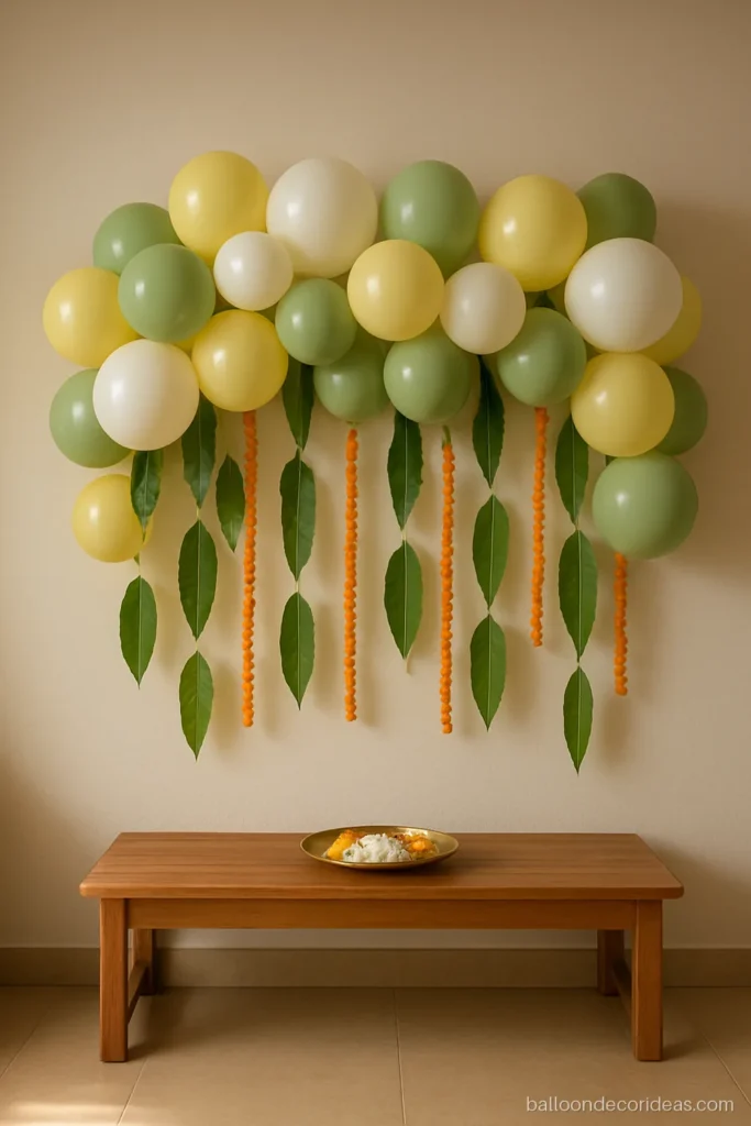 Balloon decoration for naming ceremony at home on a yellow and white wall