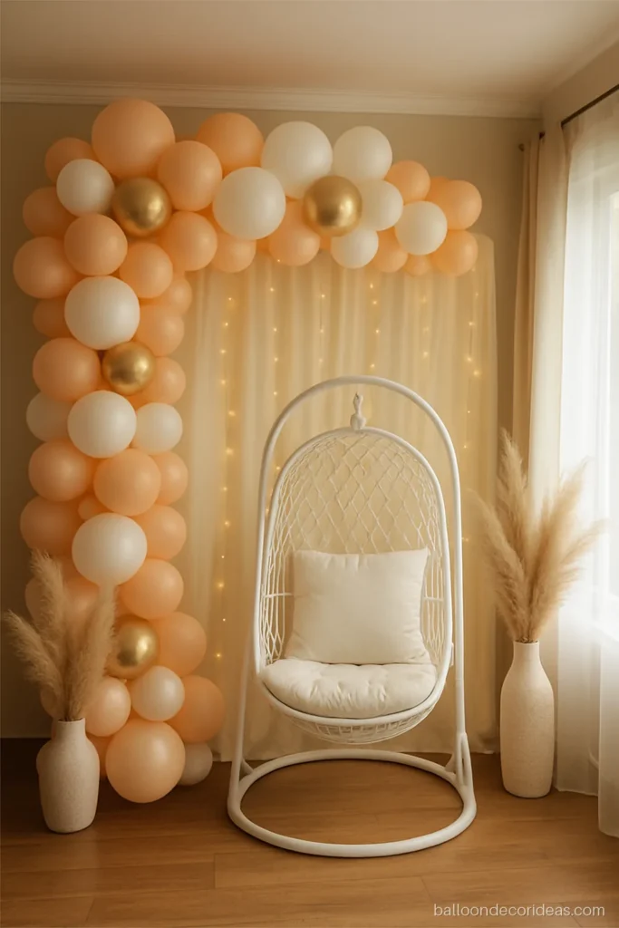Baby shower balloon decoration with a peach and white garland around a cane swing chair