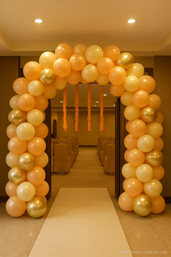 Rice ceremony balloon gate decoration in pastel orange and cream at a banquet entry