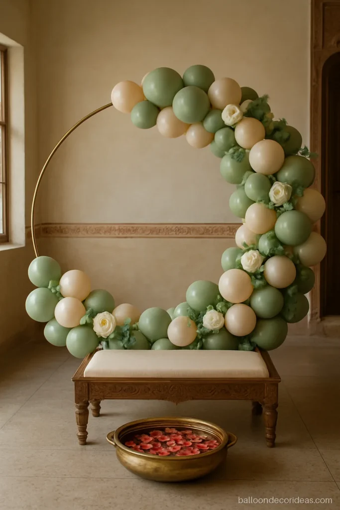Sage green and cream balloon ring backdrop for a seemantham seat with flowers
