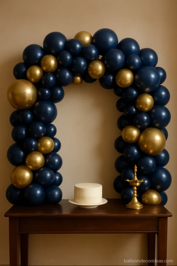 Balloon decoration birthday wall for a 50th with navy, gold and plain foil balloons