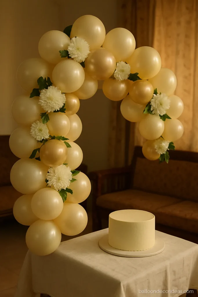 Birthday celebration balloon decoration in ivory and champagne for a 75th with fresh flowers