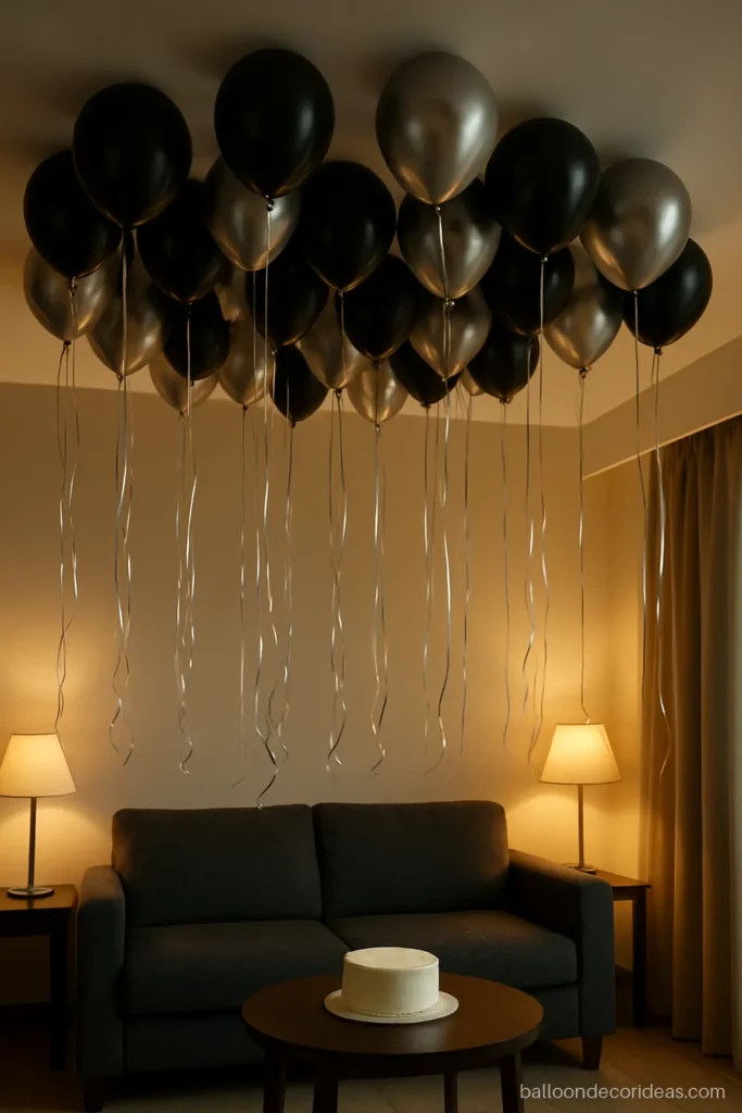 Party balloon decoration with black and silver helium balloons on long ribbons for an adult birthday