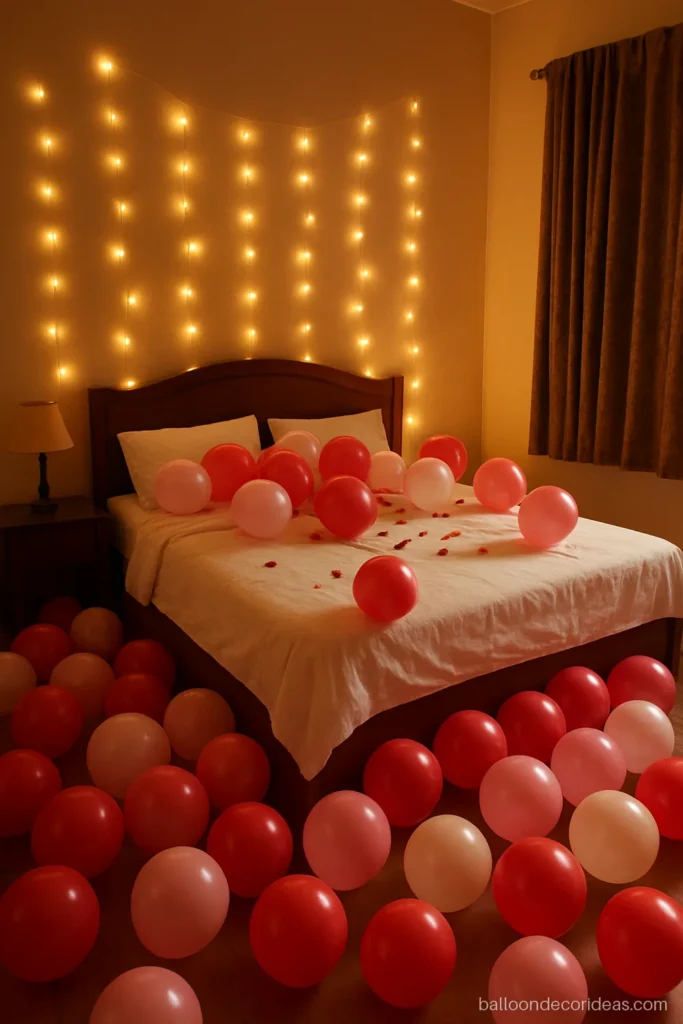 Surprise birthday balloon decoration in a bedroom with floor balloons and warm fairy lights