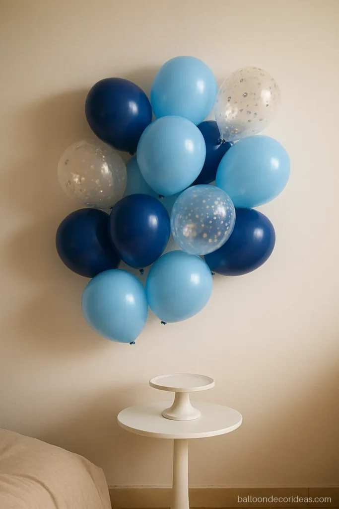 Balloon decoration for birthday boy with blue, white and confetti balloons in a wall cluster