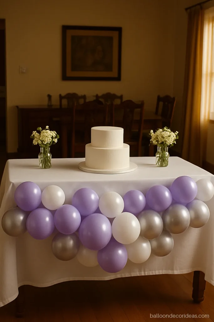 Birthday decoration balloon garland along the edge of a cake table in lilac and white