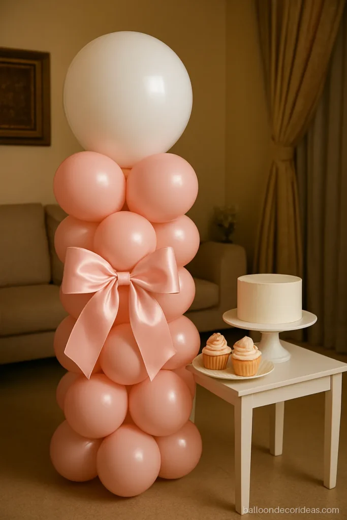 Birthday balloon decoration ideas with a pink balloon tower and bow beside a dessert table