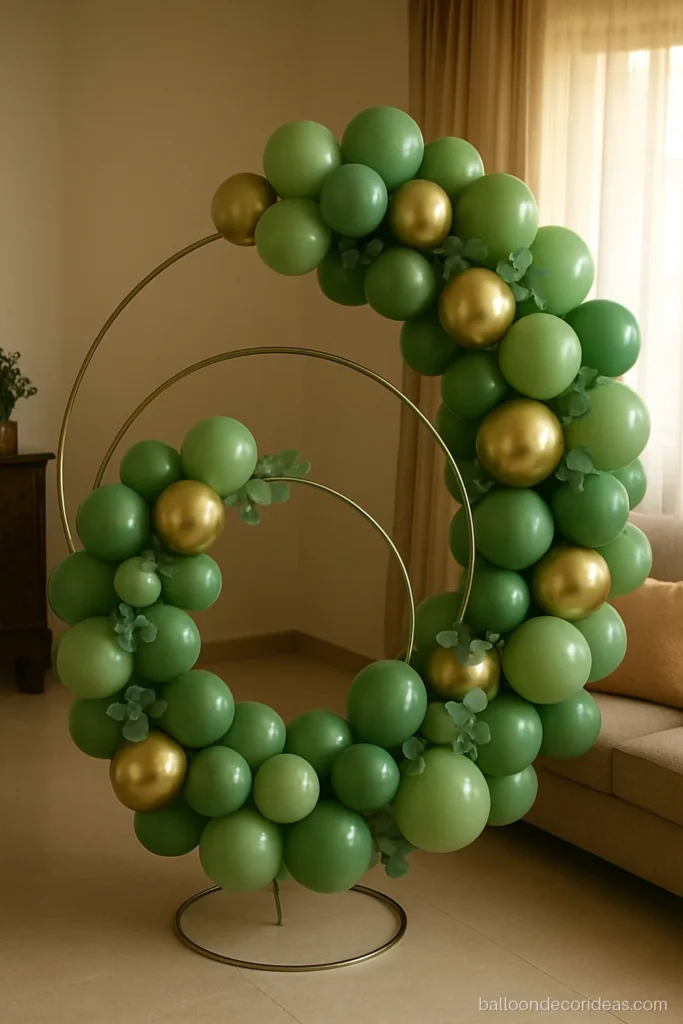 Close-up of a double ring birthday balloon decoration in green and gold