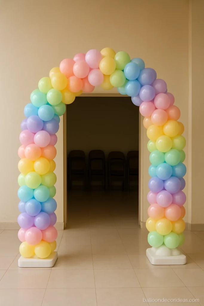 Balloon decoration for birthday party with a pastel rainbow arch over the room entrance