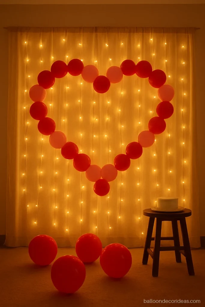 Balloon decoration ideas for birthday surprise with a heart shape on a fairy light curtain