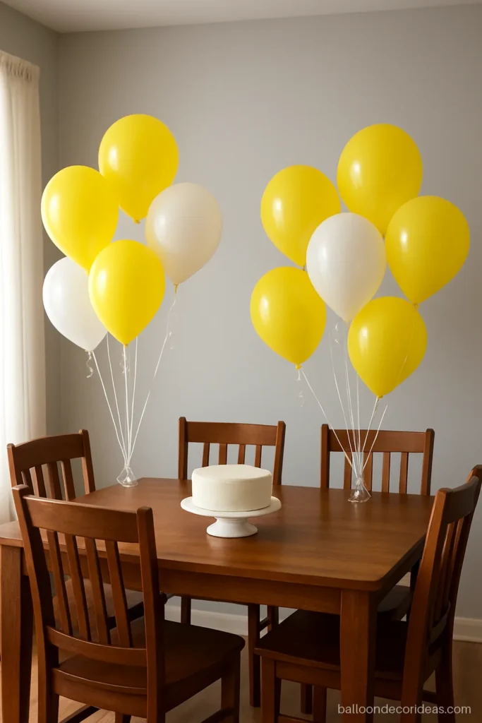 Balloon birthday decoration with yellow and white helium bunches tied to dining chairs