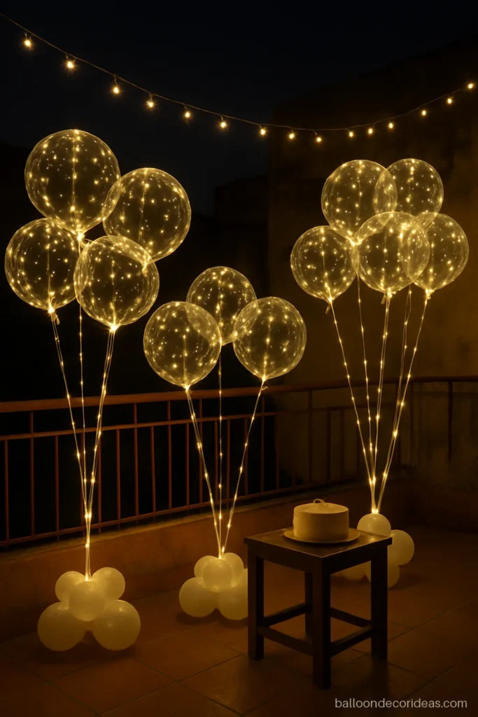 Birthday balloon decoration photos of glowing LED balloons on a terrace at night